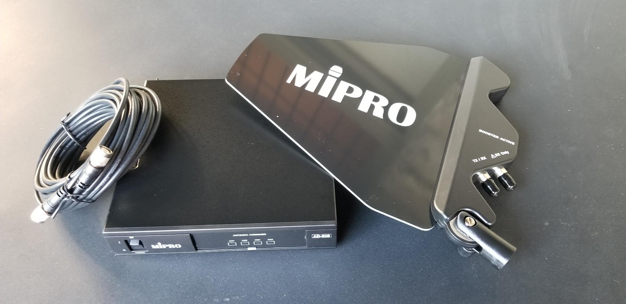 Mipro AD808 Antenna Combiner with AT-90Wa Wideband Extension Antenna Paddle & 32' Cable Package Mipro AD808 Antenna Combiner with AT-90Wa Wide-band Antenna Paddle & 32' Cable, Pack Parts and back to front antenna extender Package $899