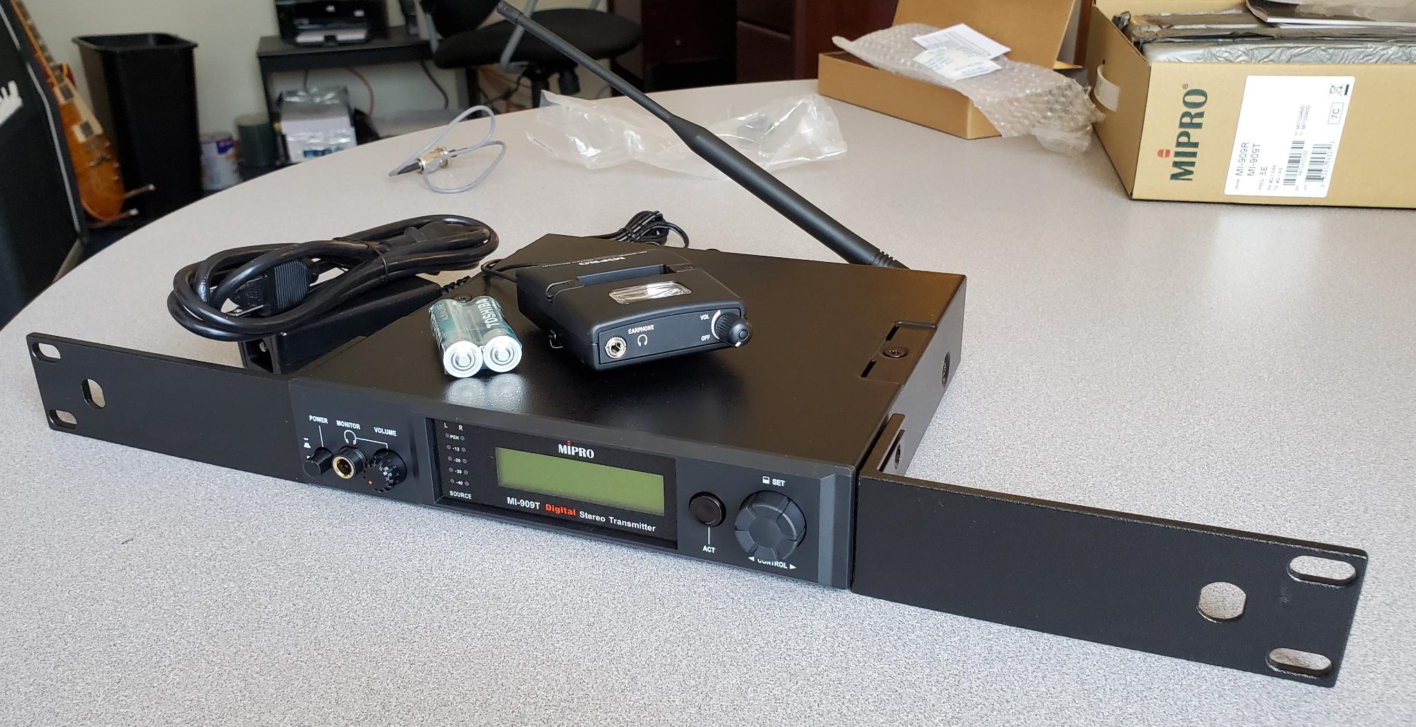 Mipro MI-909 System includes Transmitter, Belt Pack, & Power Supply & Rack Mount Parts Mipro MI909 System. Comes with Transmitter, Belt Pack, Rack Mount Parts, Antenna & Power Supply $762