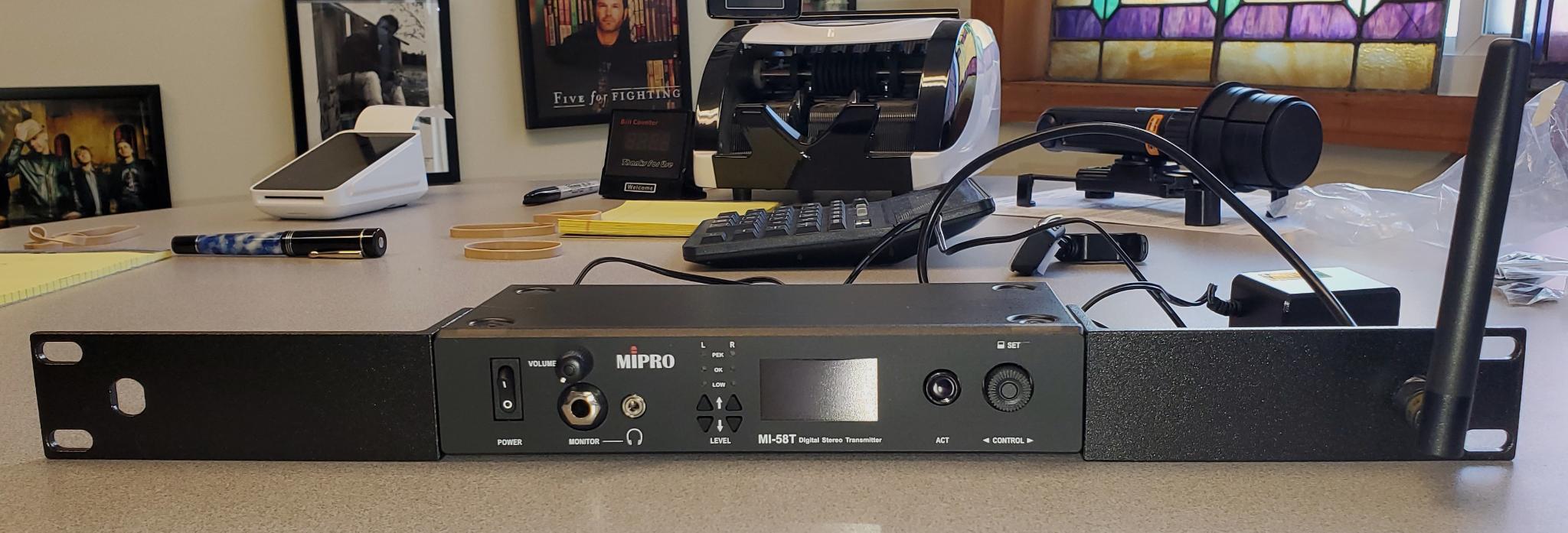 MI58 package as listed above - ADD Rack parts to mount transmitter in center of one space and back to front antenna extension $549 Delivered