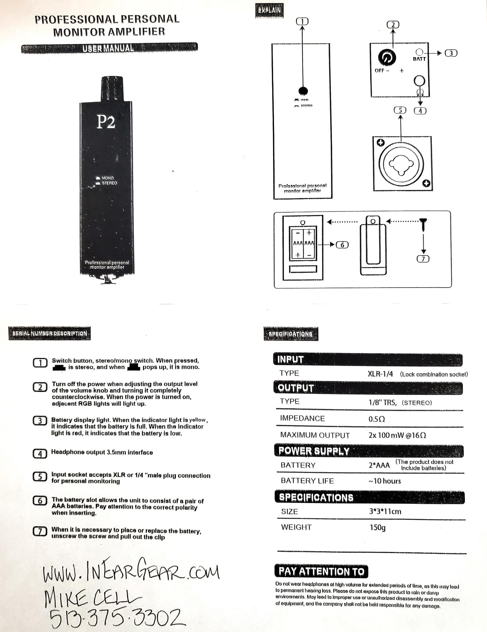 FCS P2 Ultra-Compact Personal In-Ear Monitor Amplifier Specs and Operations